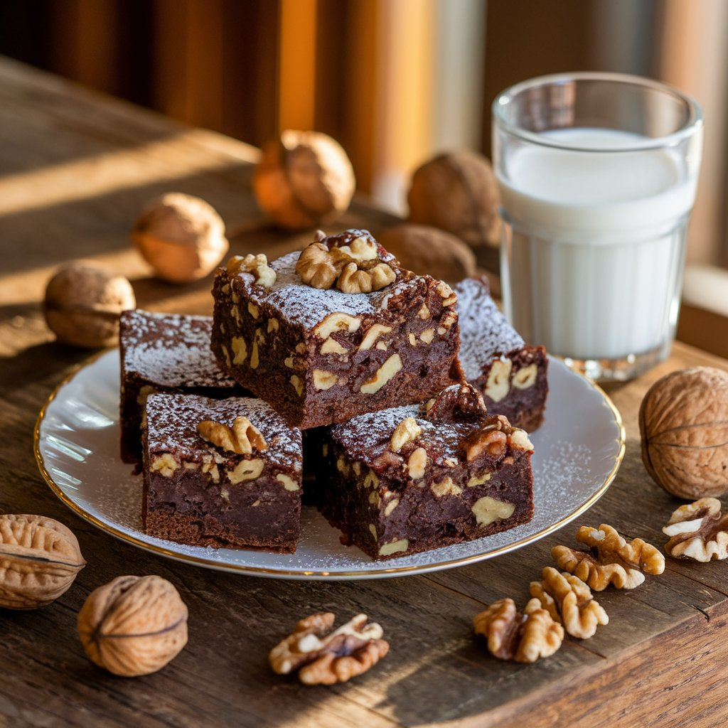 A plate of rich chocolate brownies with walnuts on top, dusted with powdered sugar, accompanied by a glass of milk on a wooden table. Whole walnuts are scattered around for decoration.