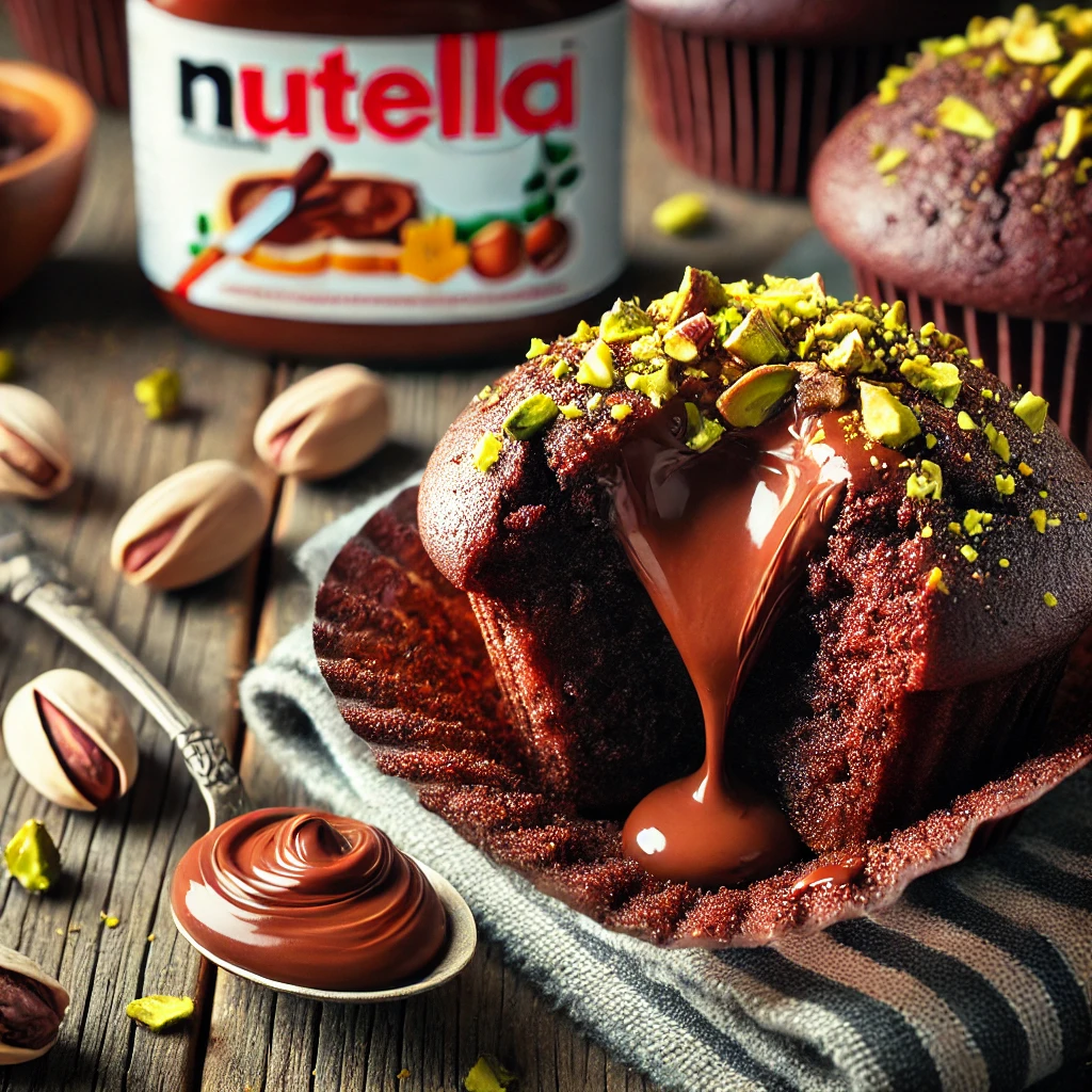 "Gooey chocolate muffins with Nutella centers and pistachio topping, one muffin cut open to show the molten Nutella filling, surrounded by pistachios and kitchen props."